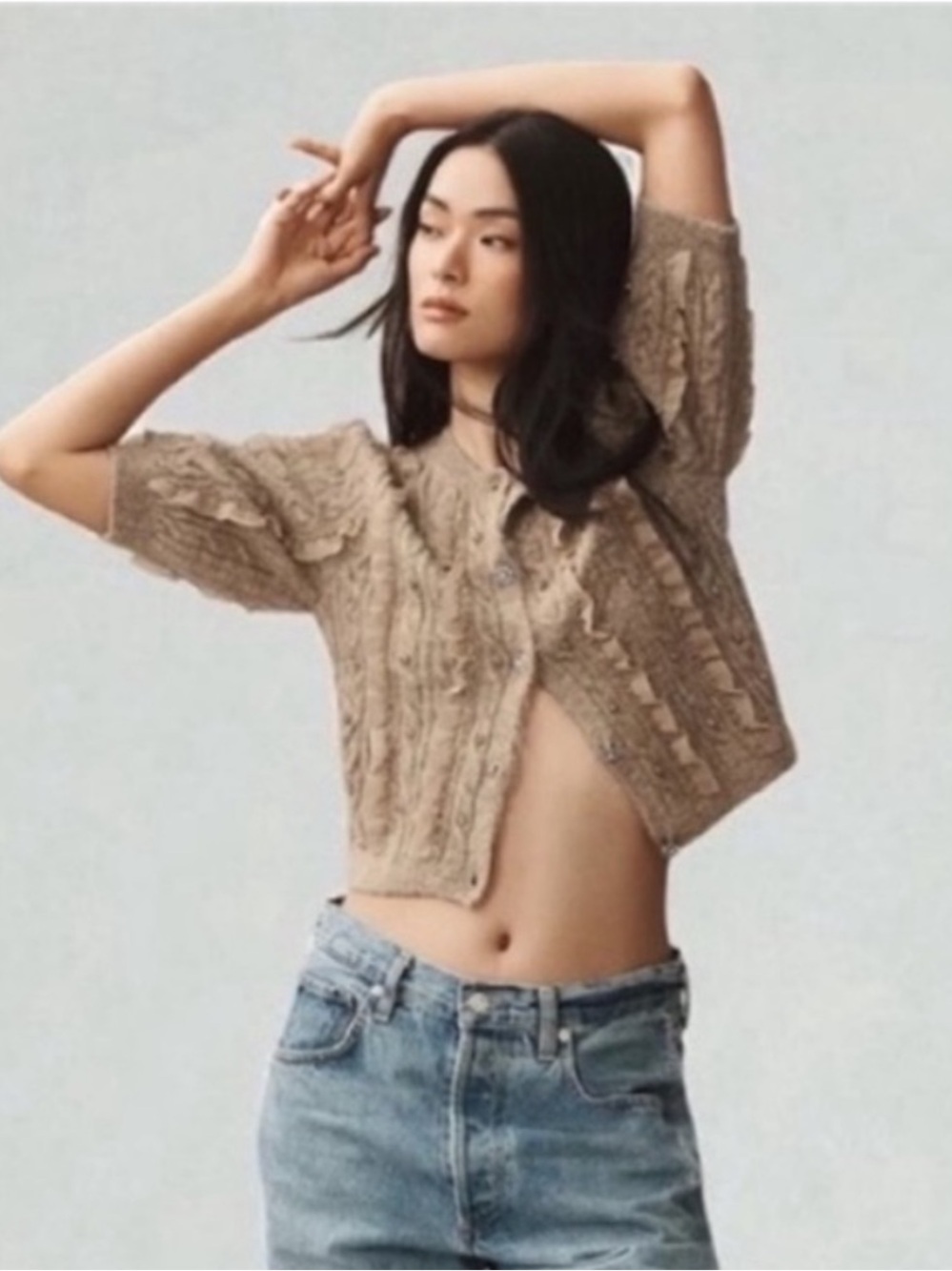 Nwt Maeve Taupe Crochet Cable Short-Sleeve Cardigan
